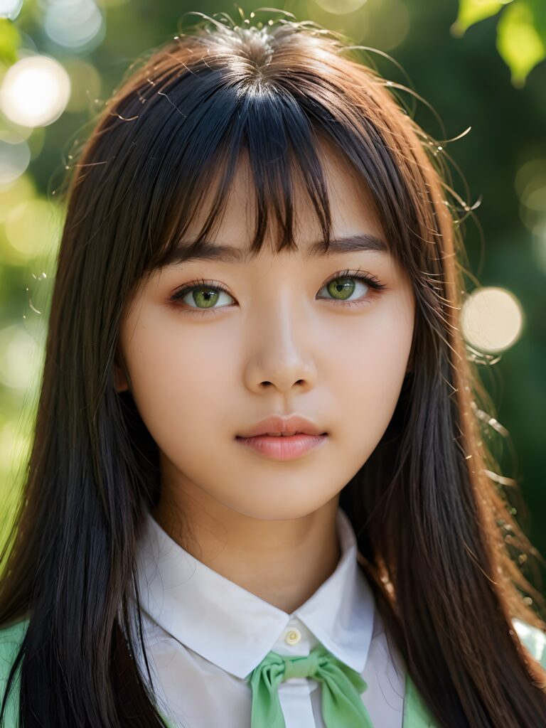 a beautiful close-up portrait of a young and pretty Asian teen girl, 15 years old. She has an angelic face and long, straight hair in bangs cut, (light green eyes)), ((detailed)) ((stunning)) ((gorgeous)), perfect light, realistic shadows