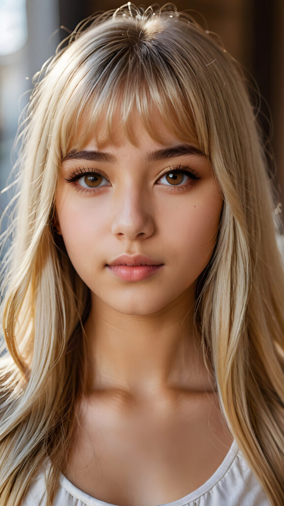 a beautiful close-up portrait of a young and pretty Exotic teen girl, 15 years old. She has an angelic face and long, straight ((platinum blond hair)) in bangs cut, (light brown eyes)), ((detailed)) ((stunning)) ((gorgeous)), perfect light, realistic shadows