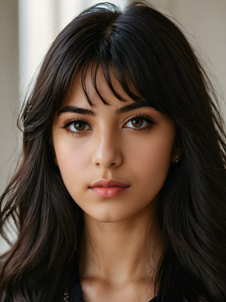 a beautiful close-up portrait of a young and pretty Persian teen girl, 15 years old. She has an angelic face and long, ((dark hair)) in bangs cut, full lips, (light dark eyes)), ((detailed)) ((stunning)) ((gorgeous)), perfect light, realistic shadows, light empty background