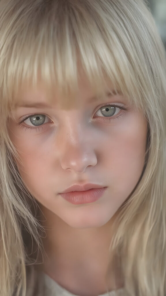 a beautiful close-up portrait of a young and pretty Exotic teen girl, 15 years old. She has an angelic face and long, straight ((platinum blond hair)) in bangs cut, (light brown eyes)), ((detailed)) ((stunning)) ((gorgeous)), perfect light, realistic shadows