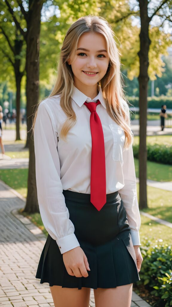 a beautiful cutest girl 15 years old, straight very long soft blonde hair, wearing a black mini skirt and a white shirt and a red tie, she is smiling, in a parc