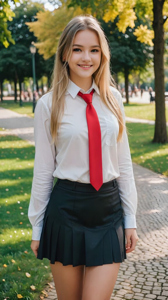 a beautiful cutest girl 15 years old, straight very long soft blonde hair, wearing a black mini skirt and a white shirt and a red tie, she is smiling, in a parc