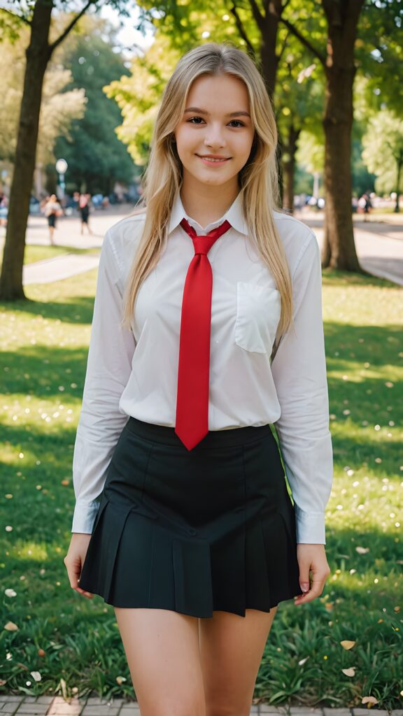 a beautiful cutest girl 15 years old, straight very long soft blonde hair, wearing a black mini skirt and a white shirt and a red tie, she is smiling, in a parc