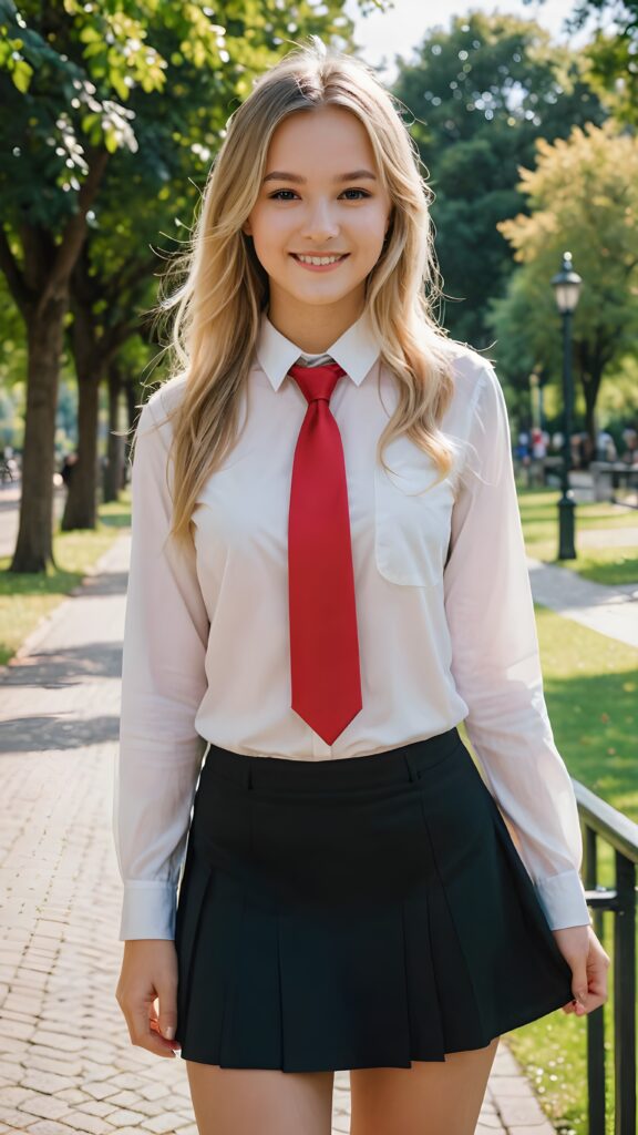 a beautiful cutest girl 15 years old, straight very long soft blonde hair, wearing a black mini skirt and a white shirt and a red tie, she is smiling, in a parc