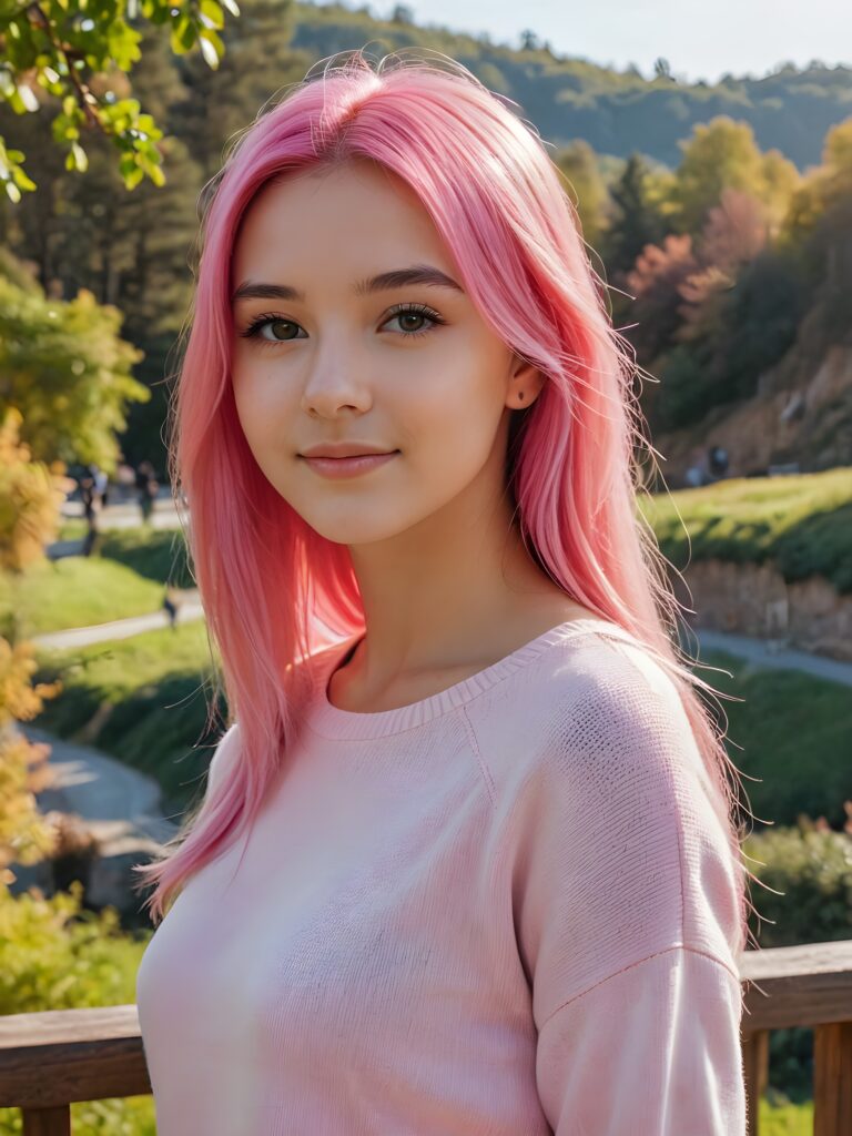 a beautiful (((pretty young teen girl))), with long, silky, shiny straight neon pink hair, wearing a thin, sweater, her hair extends beyond her shoulders, she looks cheerfully at the viewer, perfect curved body, natural backdrop