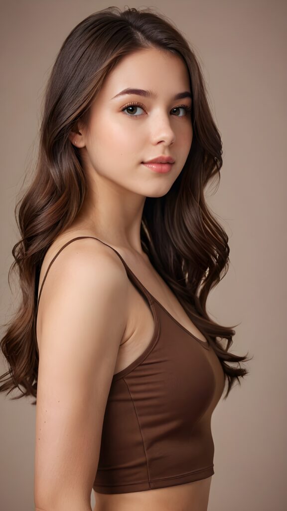 a (((beautiful young teen girl))) with a sleek, ((upper body close-up)), showcasing elegant details like curves and contours ((empty background)) ((stunning)) ((cute)) ((gorgeous)) ((brown, shoulder long hair)) ((crop tank top))