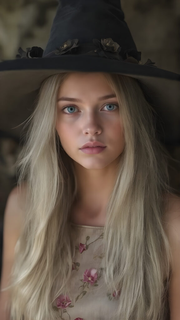 a (((beautiful witch girl))) with luxurious, (((shiny very long blond soft hair))), flawless skin, and a serene expression, her face and form are intricately detailed, adorned with (((small black glass glowing flowers in her hat))), giving off a soft glow that adds a touch of magic, she's dressed in a ((silk dress with designs of small flowers)), which accentuates her elegant figure, blending seamlessly with the intricate patterns and colors of the setting