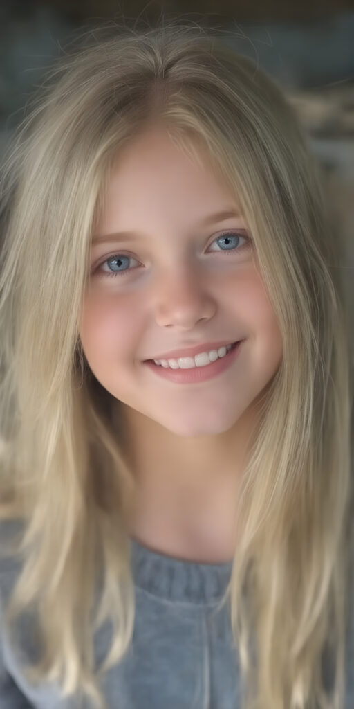 a (((beautiful young girl, radiates a happiness, warm smile with white teeth))), age 15, with flowing, (((soft long blonde hair))), gentle and inviting (((dark blue eyes))), that convey a sense of innocence and wonder, paired with delicate, ((almond skin)), which gives off a faintly pink glow, accompanied by full, softly rosy lips, that emit a warm, friendly smile. She is dressed in a sleek, ((blue sweater made of fine wool)), along with a matching set of (((blue and white shorts)), and looks directly at the viewer in a (full body shot), exuding just the right amount of youthful charm