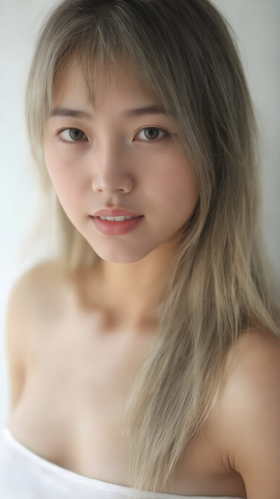 a (((beautiful Asian teen girl))), age 15, with (((straight, long, white hair))), (((lightly tanned skin))), and (((perfectly proportioned, athletic body))) that exudes (((realism at its finest))). Her (((perfect anatomy))) is highlighted by (((white teeth, flawlessly straight and smooth as glass, sparkling eyes that reflect her youthful innocence and vitality. She's captured in a (((side perspective))), looking straight into the camera for a full-body shot, with (((perfectly proportioned limbs and fingers))), which exude (((realism at its finest))) in a (((natural, white light setting))) where her (((curved, toned thighs))) and (((full, defined lips))) are perfectly visible. Her (((skin is slightly damp))), clad in a (((very short, tight (white crop tank top)), which emphasizes her (((perfectly proportioned, athletic physique))) and (((perfectly straight, white teeth))) and (natural, slightly damp skin) against a (((white background).