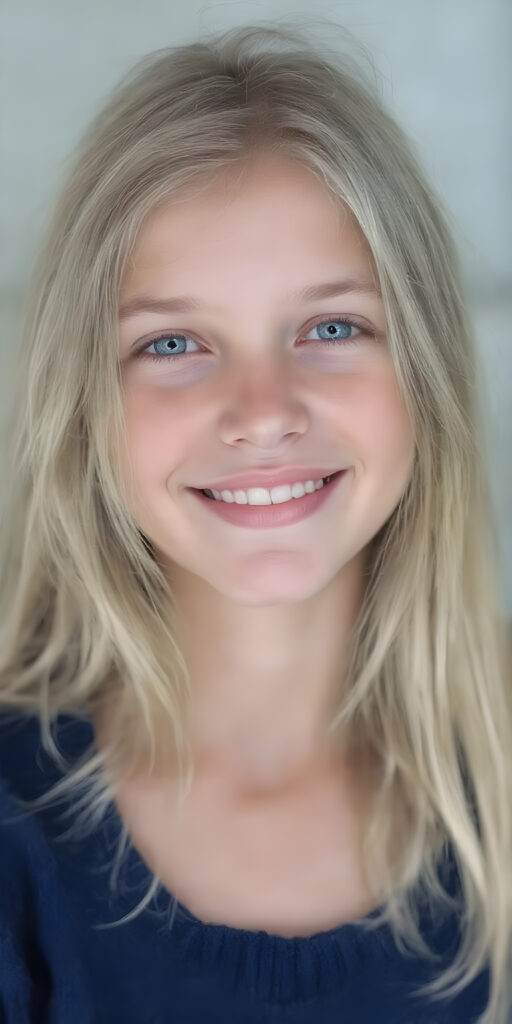 a (((beautiful young girl, radiates a happiness, warm smile with white teeth))), age 15, with flowing, (((soft long blonde hair))), gentle and inviting (((dark blue eyes))), that convey a sense of innocence and wonder, paired with delicate, ((almond skin)), which gives off a faintly pink glow, accompanied by full, softly rosy lips, that emit a warm, friendly smile. She is dressed in a sleek, ((blue sweater made of fine wool)), along with a matching set of (((blue and white shorts)), and looks directly at the viewer in a (full body shot), exuding just the right amount of youthful charm