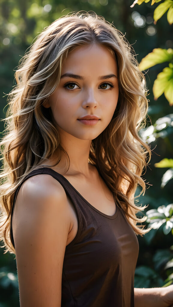 a beautiful (((girl))), with thin but defined figures, dressed in a short, sleeveless, ((dark brown t-shirt)), luxurious, flowing, long, dark blonde waves framing her gently angled face with soft, naturally wavy blonde hair and piercing, brown eyes, set against a backdrop of a (nature-filled) (HD photography) scene, with intricate details and vivid colors that capture the essence of a realistic and natural environment