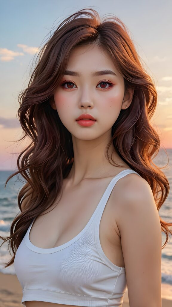 a (((beautiful little korean girl))) with (((glowing white skin))), (((rosy cheek))), (((shiny eyes))), thin (((light brown hair)) flowing down her back, (((small mouth))), (((rosy lips))), (((dark red eyes))), (((detailed face))), (((detailed eyes))), (((loose thin long wavy hair))), (((lost in wonder))) ((cropped tank top support her perfect body))