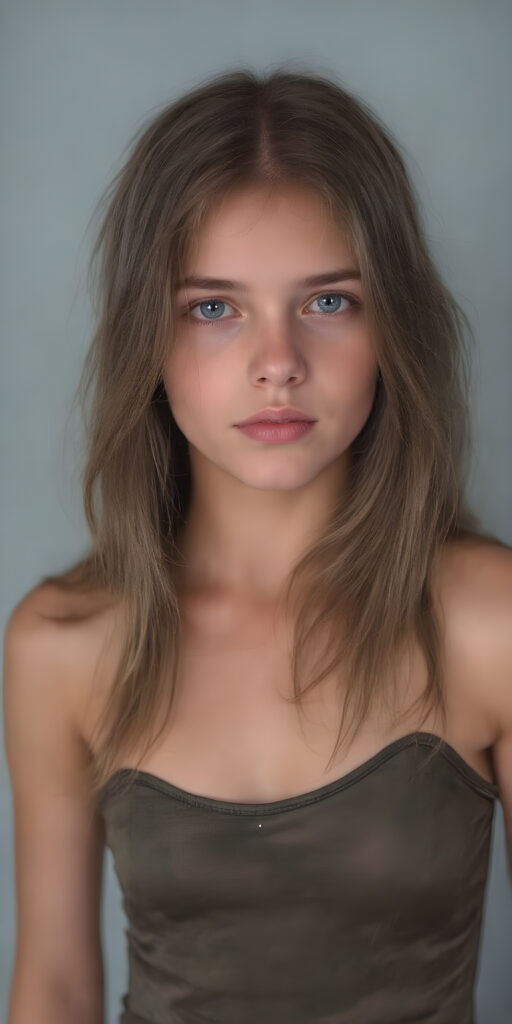 a (((beautiful busty teen girl with long brown jet hair, with captivating bright (light blue eyes) that exude warm and vitality, dressed in a ((camouflage leotard)), adorned with delicate (((sequins))), all against a grey backdrop