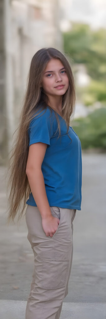 a (((beautiful young girl, perfect body, 15 years old))), with flowing, (((soft long straight brown hair))). (She is dressed in a sleek, ((blue short t-shirt)), long cargo pants), exuding just the right amount of youthful charm, photograph, full body side view, stands in the street