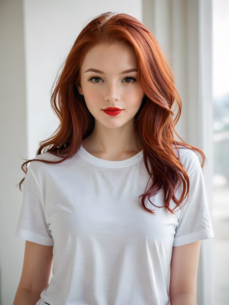 a beautiful (((young girl))), with long, flowing (((red hair))), styled in a sleek, shiny, straight haircut with sharp, defined (((red lips))), emitting an ethereal glow that complements her otherwise natural features, dressed in a (((white t-shirt))), poised confidently in a classic, casual setting, with her loosely curled red lips and a warm smile that exude cuteness