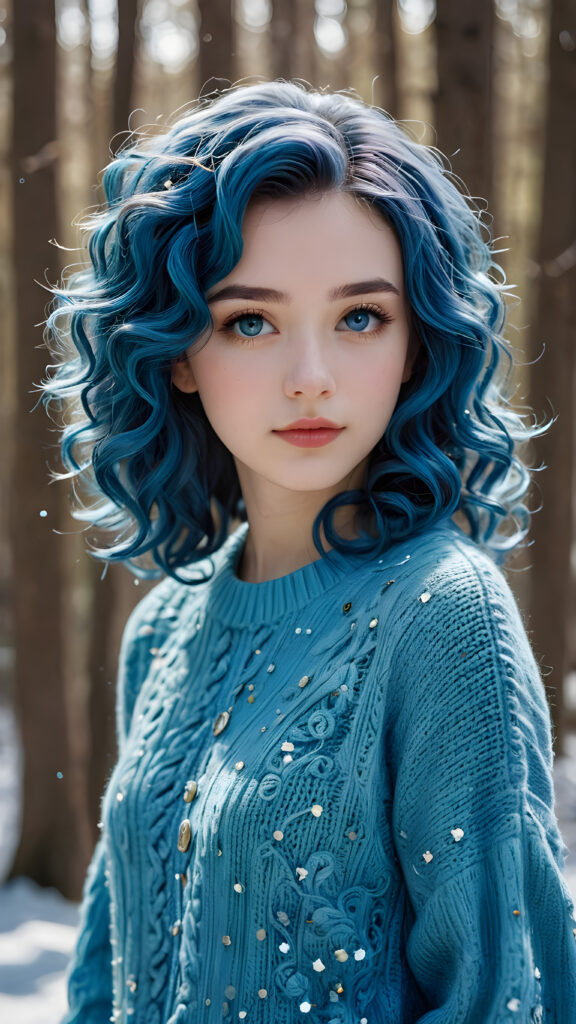 a (((beautiful young teen girl))), with pale skin and (((shiny blue flecks))), along with luxuriously wavy, (((blue hair curls))), wearing a super fine, (((wool sweater))), reminiscent of the iconic Filigree style, set against a (((softly detailed, fantastical environment))) that exudes a (((whimsically magical aura))), with intricate details that evoke a (((sparkling, shimmering wonder)))