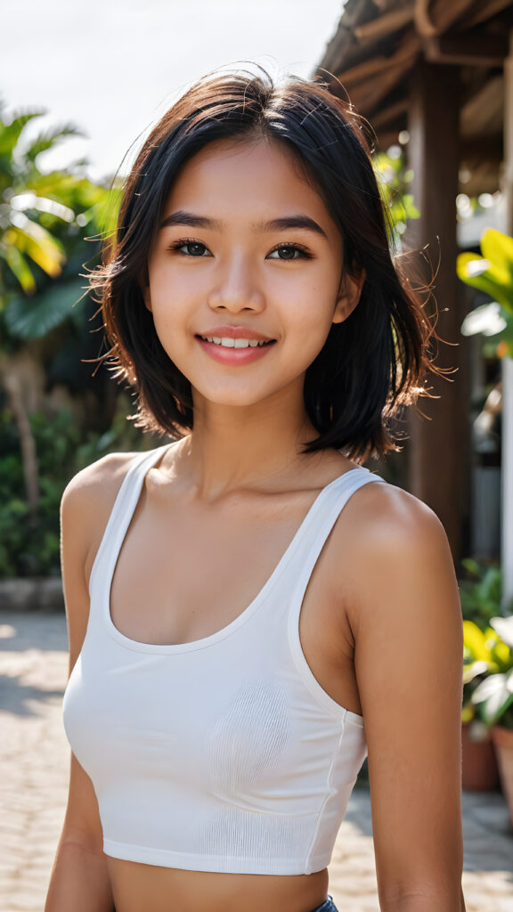 a beautiful (((Indonesian teen girl, 13 years old))), with long, jet soft (((black hair))), styled in a sleek, shiny, straight haircut with sharp, defined (((full lips))), emitting an ethereal glow that complements her otherwise natural features, dressed in a (((white plain short cropped tank top))), you can see her navel, she radiates pure joy, smile, perfect white teeth, against a sunny backdrop