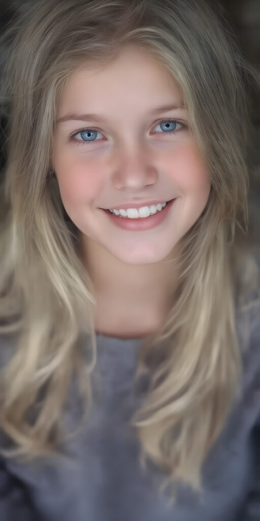 a (((beautiful young girl, radiates a happiness, warm smile with white teeth))), age 15, with flowing, (((soft long blonde hair))), gentle and inviting (((dark blue eyes))), that convey a sense of innocence and wonder, paired with delicate, ((almond skin)), which gives off a faintly pink glow, accompanied by full, softly rosy lips, that emit a warm, friendly smile. She is dressed in a sleek, ((blue sweater made of fine wool)), along with a matching set of (((blue and white shorts)), and looks directly at the viewer in a (full body shot), exuding just the right amount of youthful charm