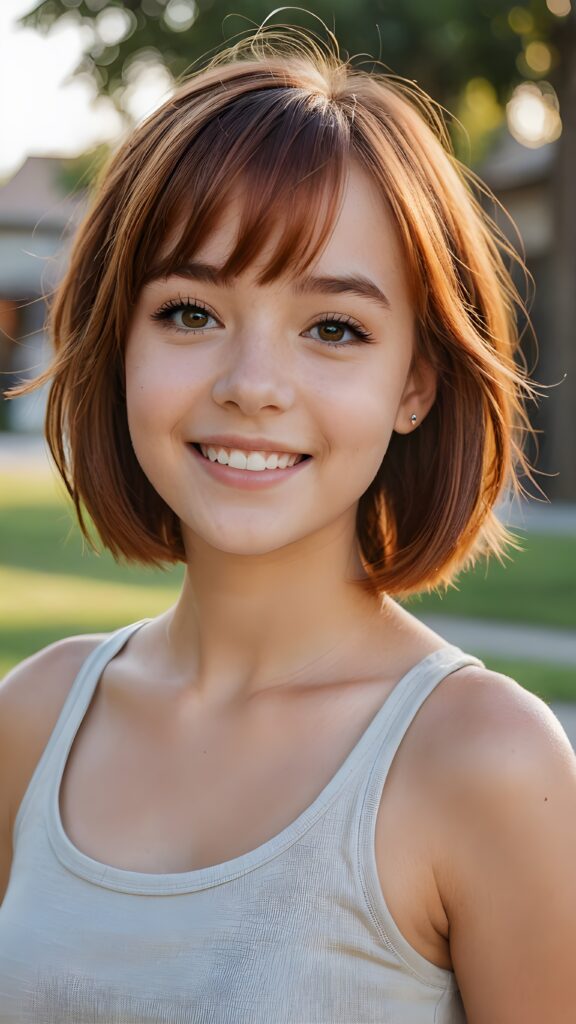 a beautiful (((teen girl))) with auburn hair in bob bangs cut, styled in a sleek, short-cropped tank top, (((vividly realistic photo))), ((natural background)), very happy, dimmed light