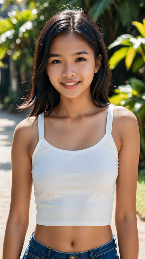 a beautiful (((Indonesian teen girl, 13 years old))), with long, jet soft (((black hair))), styled in a sleek, shiny, straight haircut with sharp, defined (((full lips))), emitting an ethereal glow that complements her otherwise natural features, dressed in a (((white plain short cropped tank top))), you can see her navel, she radiates pure joy, smile, perfect white teeth, against a sunny backdrop