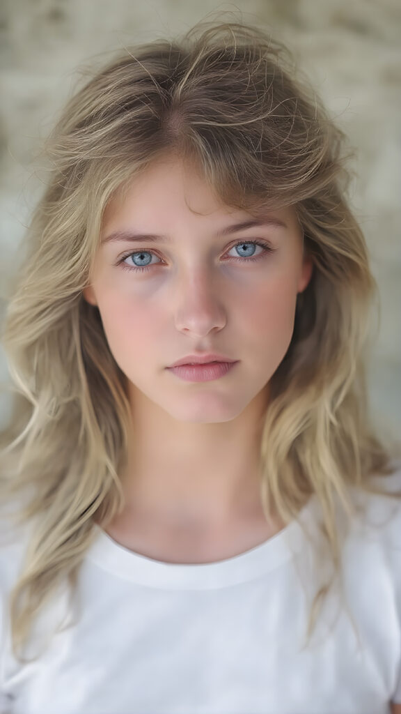 a (((beautiful young teen girl), with pale skin and (((long, high volume open wavy blond hair))), long eyelashes , purple eyes (dressed in a (((white cropped t-shirt))), (((amber eyes))), against a sunny backdrop, full body view