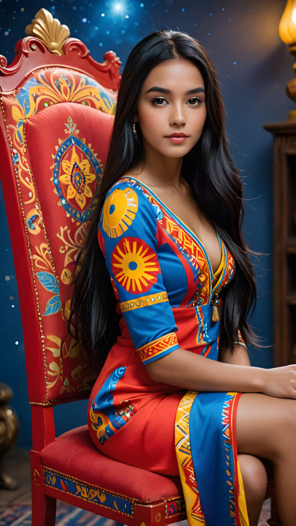 a (((beautiful Latino girl))) with (((extremely long, straight black hair))), dressed in a (((vivid red, yellow, and blue tribal print dress))), poised confidently in a classic (((chair painted in a dynamic red, yellow, and blue color scheme))), her head turned sideways, as if gazing at a (fantastical flower) blooming in the (upper right corner of the image), against a (muted, starry night sky) backdrop