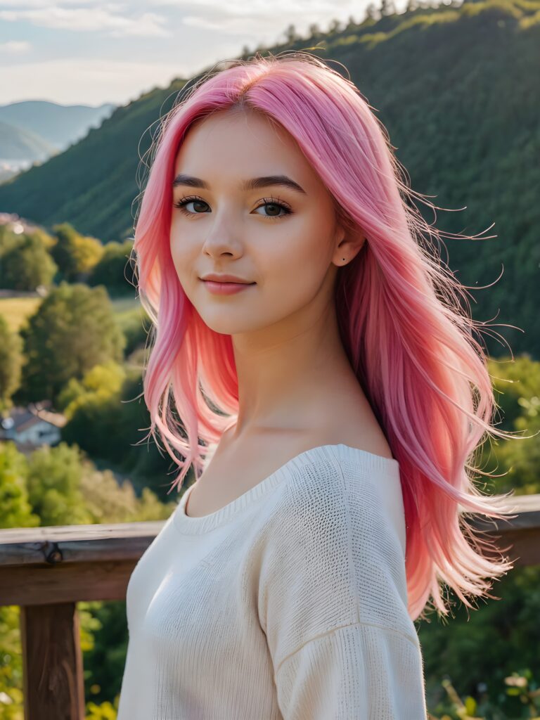 a beautiful (((pretty young teen girl))), with long, silky, shiny straight neon pink hair, wearing a thin, sweater, her hair extends beyond her shoulders, she looks cheerfully at the viewer, perfect curved body, natural backdrop