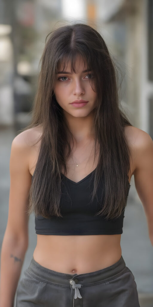 a (((beautiful young teenage girl, perfect curved body))), with flowing, (((soft long straight black hair))). She is dressed in a sleek, (tank top, deep v-neck and a short round mini skirt), photograph, stands in the street