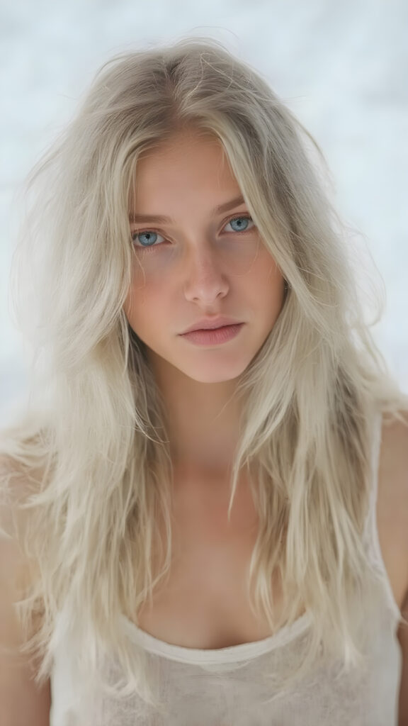 a (((beautiful girl with long, flowing white soft hair))), dressed in a ((comfortable tank top)) that complements her pale skin, giving off a cozy vibe. The shirt has a soft, slightly transparent quality, making it seem almost ethereal. She's posed in the snow, creating a sense of warmth and tranquility. Her hair is white. Full body view.