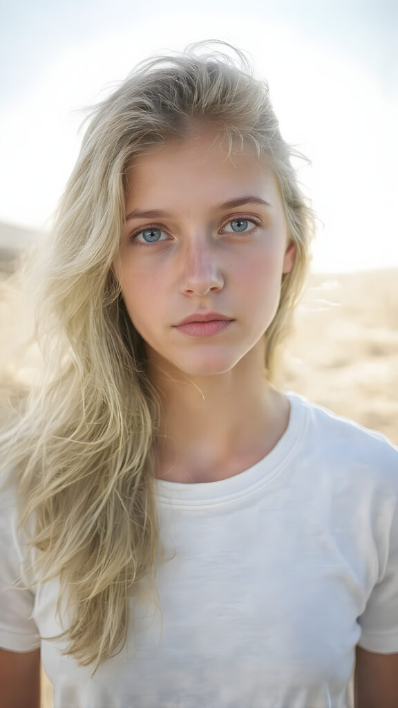 a (((beautiful young teen girl), with pale skin and (((long, high volume open wavy blond hair))), long eyelashes , purple eyes (dressed in a (((white cropped t-shirt))), (((amber eyes))), against a sunny backdrop, full body view