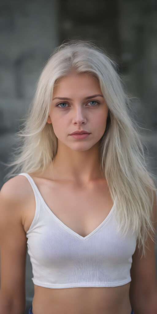 a (((beautiful young girl, perfect curved body))), with flowing, (((soft long straight white hair))). She is dressed in a sleek, (white cropped short tank top, deep v-neck), photograph, stands in the street, black backdrop, perfect light and shadows