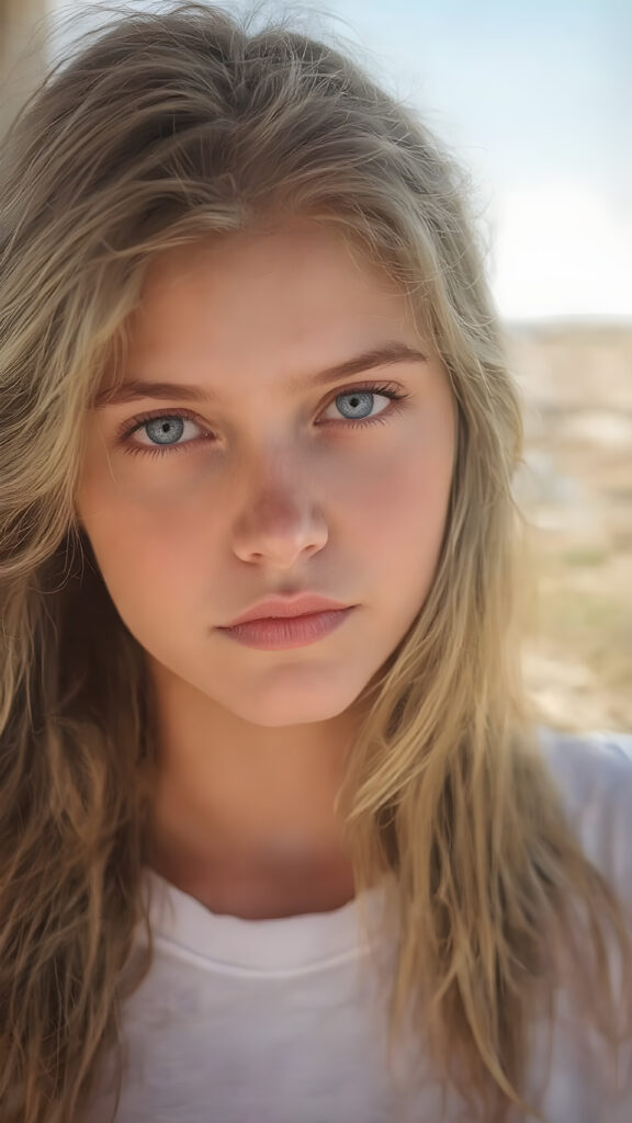 a (((beautiful young teen girl), with pale skin and (((long, high volume open wavy blond hair))), long eyelashes , purple eyes (dressed in a (((white cropped t-shirt))), (((amber eyes))), against a sunny backdrop, full body view