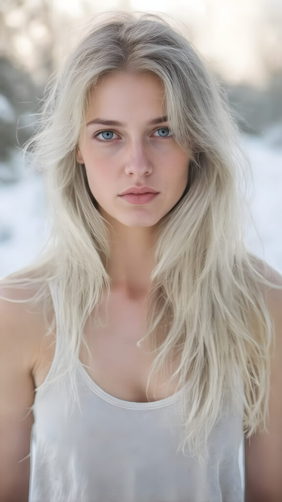 a (((beautiful girl with long, flowing white soft hair))), dressed in a ((comfortable tank top)) that complements her pale skin, giving off a cozy vibe. The shirt has a soft, slightly transparent quality, making it seem almost ethereal. She's posed in the snow, creating a sense of warmth and tranquility. Her hair is white. Full body view.