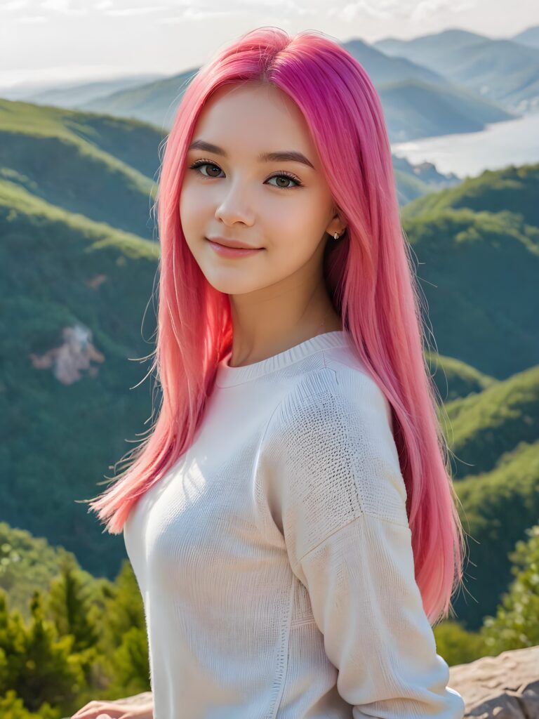 a beautiful (((pretty young teen girl))), with long, silky, shiny straight neon pink hair, wearing a thin, sweater, her hair extends beyond her shoulders, she looks cheerfully at the viewer, perfect curved body, natural backdrop