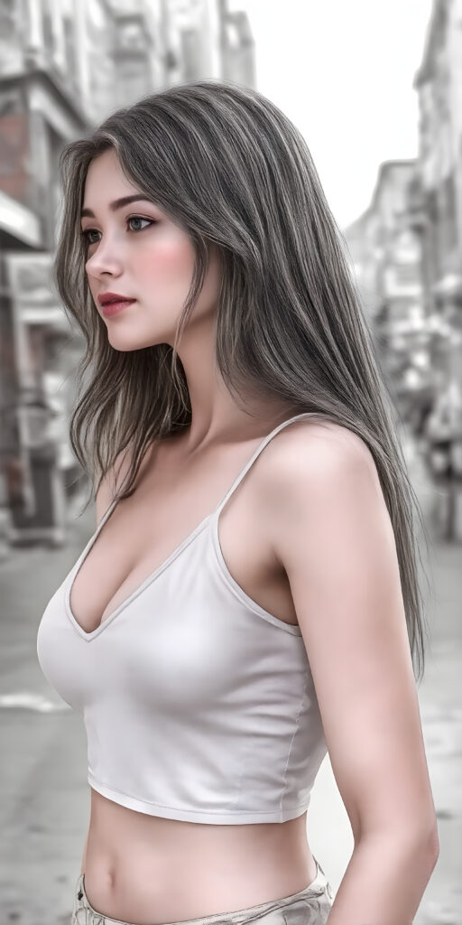 a (((beautiful young well busty girl, perfect curved body))), with flowing, (((soft long straight brown hair))). She is dressed in a sleek, (white cropped short tank top, deep v-neck), photograph, stands in the street, side view