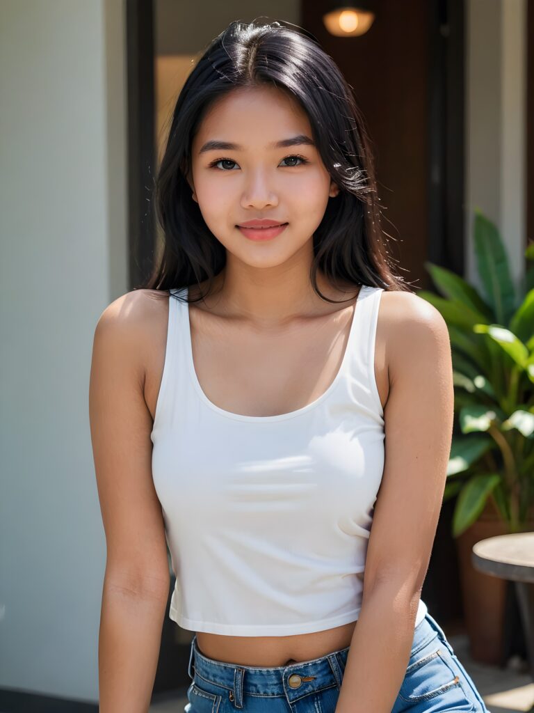 a beautiful (((Indonesian teen girl, 15 years old))), with long, jet soft (((black hair))), styled in a sleek, shiny, straight haircut with sharp, defined (((full lips))), emitting an ethereal glow that complements her otherwise natural features, dressed in a (((white short cropped tank top))), she radiates pure joy