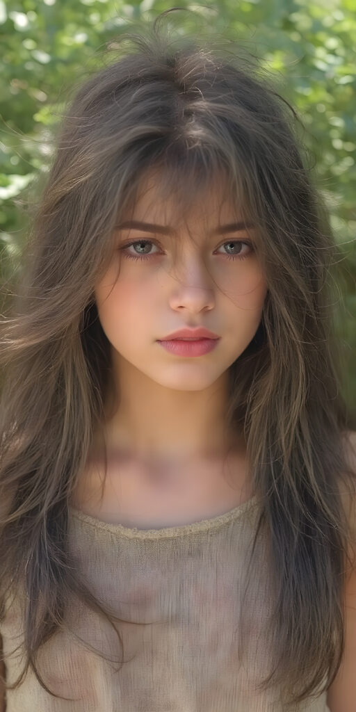 a (((beautiful girl, cute, with a sleek, yet delicate and petite physique, a youthful face with (sun-kissed) skin, and flowing, straight messy black hair, clad in (((hippie, retro 70s clothing))), exuding a sense of (hippieness) and (magnificence). Full body view, capturing a ((vintage, retro 70s vibe)), sunny green backdrop