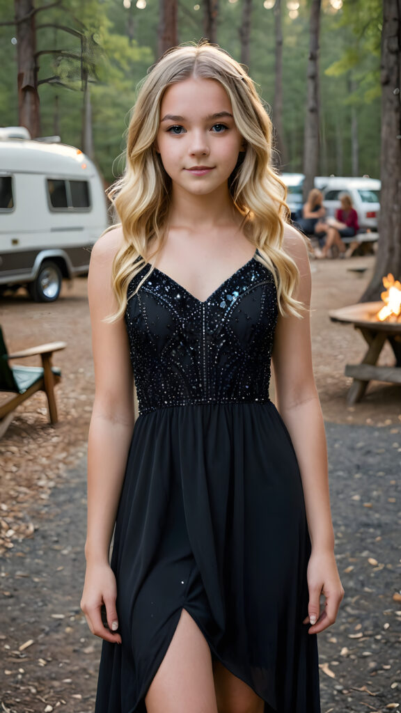 a (((beautiful teen girl))) dressed in a (((black crystal dress))), with flowing locks of blonde hair framing her face, paired with delicate, matchstick black accessories accentuating her hair and dress, against a backdrop of a (rustic campground setting)