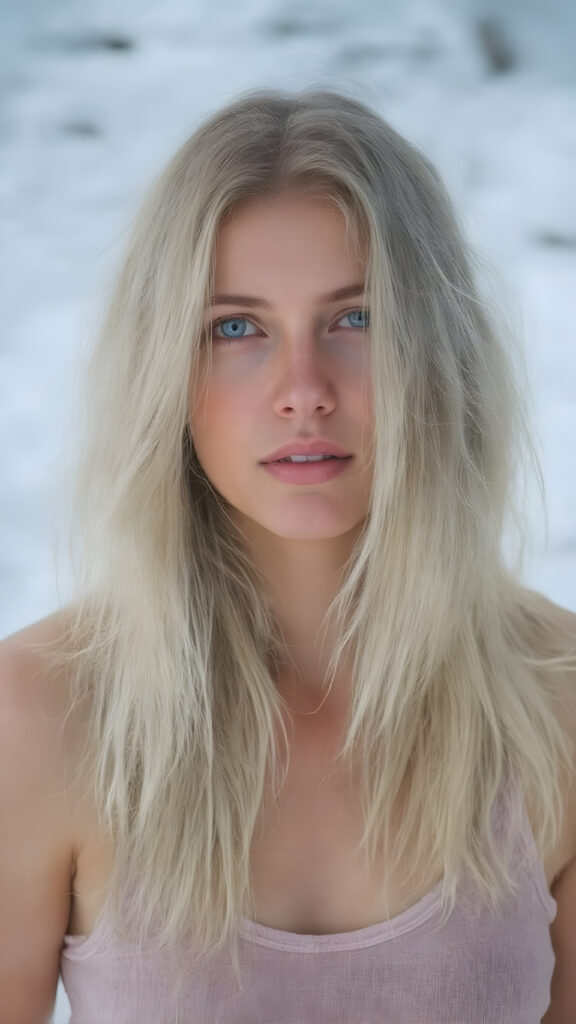 a (((beautiful girl with long, flowing white soft hair))), dressed in a ((comfortable tank top)) that complements her pale skin, giving off a cozy vibe. The shirt has a soft, slightly transparent quality, making it seem almost ethereal. She's posed in the snow, creating a sense of warmth and tranquility. Her hair is white. Full body view.