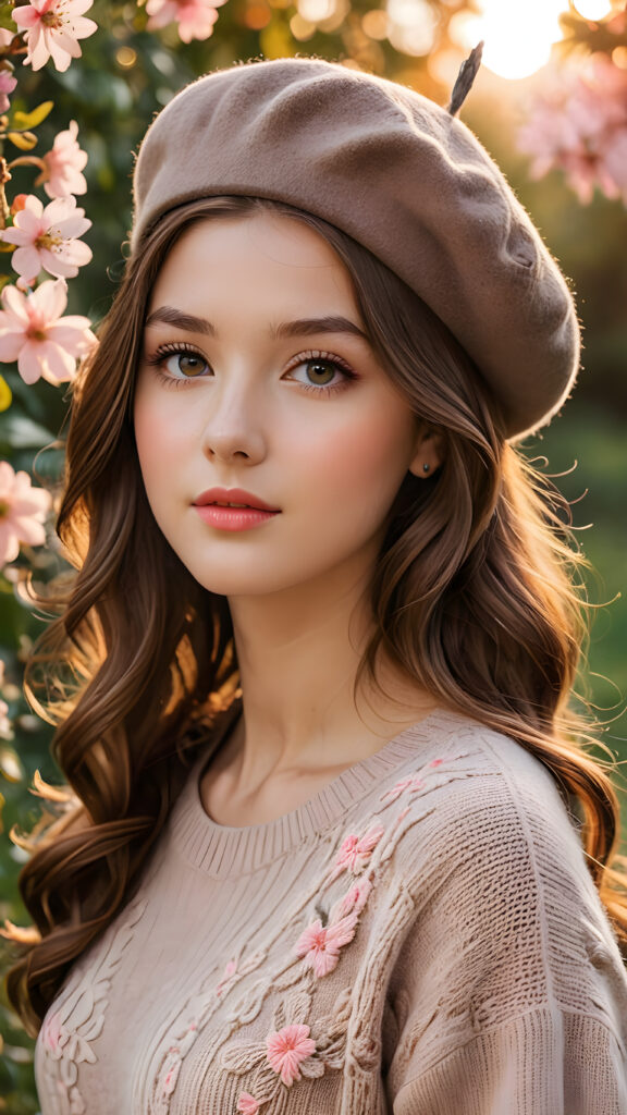 a (((beautiful girl with long, brown hair and gray eyes))), who exudes a distinct (((sharpness))), coupled with (((pale skin))) and (((vividly hued lips))) that curve into a (((wavy hairstyle))), dressed in a (((brown sweater))), a (((charming brown beret))) adorned with delicate, (((pink flowers))) and intricate patterns that reflect the (sunny park) backdrop, sitting calmly as she takes in the (((gorgeous sunset))), with an ethereal (((orange sunset cloud))). The scene radiates warmth and serenity