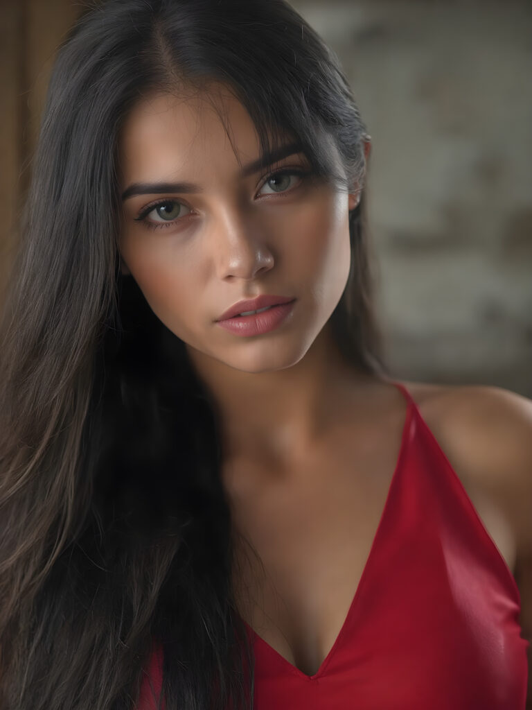 a beautiful girl with (((sleek long black hair))) and (((sharp bright brown eyes))), along with (((long eyelashes))) and (((bright red lips))), a (((beautiful sleek shiny red top, deep v-neck, wide open front))), highly detailed, cinematic, (((hyper realistic)))