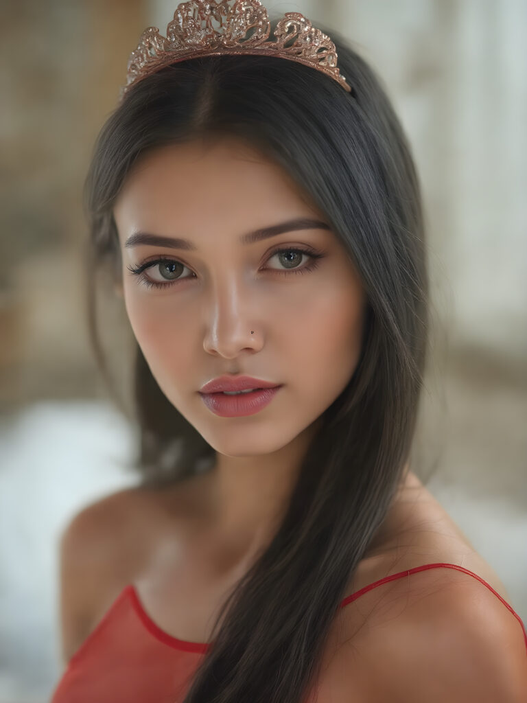 a beautiful girl with (((sleek long black hair))) and (((sharp bright brown eyes))), along with (((long eyelashes))) and (((bright red lips))), she is wearing a (((beautiful shiny red tiara))), a (((beautiful sleek shiny red top of full transparent sleeves))), highly detailed, cinematic, (((hyper realistic)))