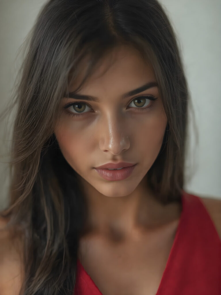 a beautiful girl with (((sleek long black hair))) and (((sharp bright brown eyes))), along with (((long eyelashes))) and (((bright red lips))), a (((beautiful sleek shiny red top, deep v-neck, wide open front))), highly detailed, cinematic, (((hyper realistic)))