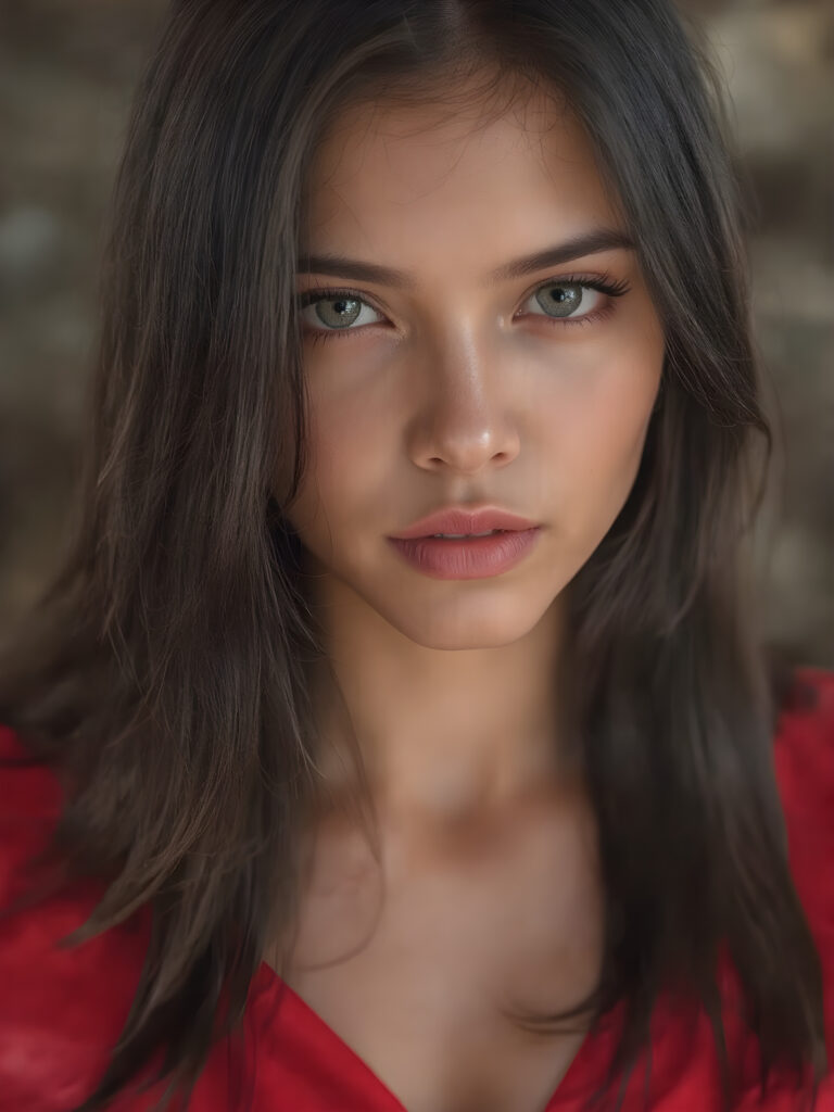 a beautiful girl with (((sleek long black hair))) and (((sharp bright brown eyes))), along with (((long eyelashes))) and (((bright red lips))), a (((beautiful sleek shiny red top, deep v-neck, wide open front))), highly detailed, cinematic, (((hyper realistic)))