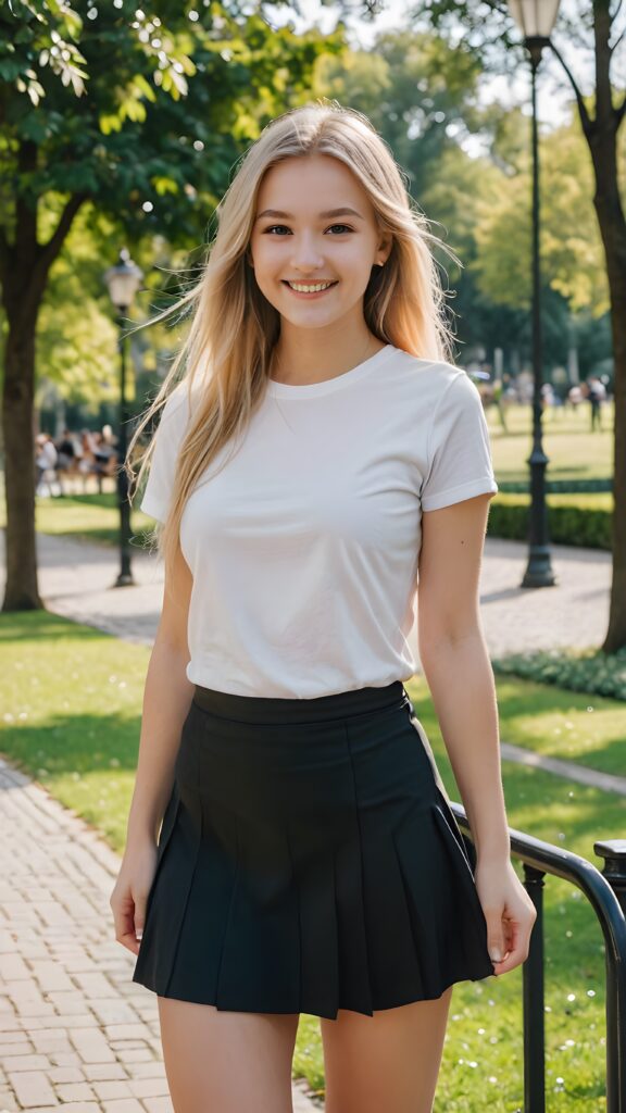 a beautiful girl 15 years old, straight very long soft blonde hair, wearing a black mini skirt and a white t-shirt, she is smiling, in a parc