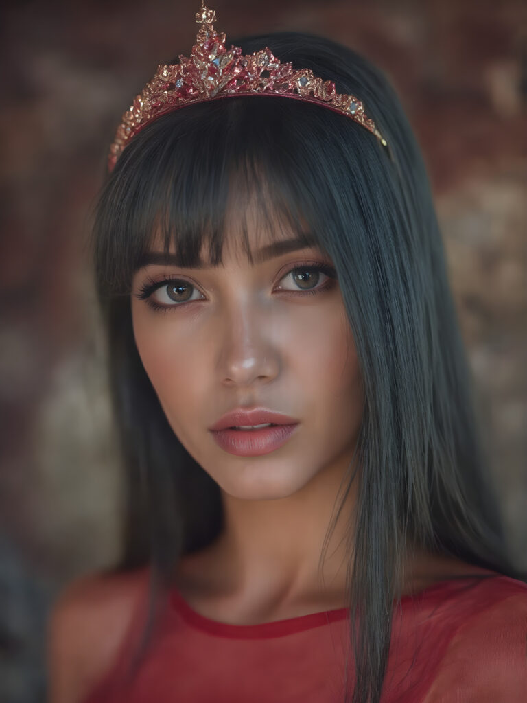 a beautiful girl with (((sleek long black hair))) and (((sharp bright brown eyes))), along with (((long eyelashes))) and (((bright red lips))), she is wearing a (((beautiful shiny red tiara))), a (((beautiful sleek shiny red top of full transparent sleeves))), highly detailed, cinematic, (((hyper realistic)))