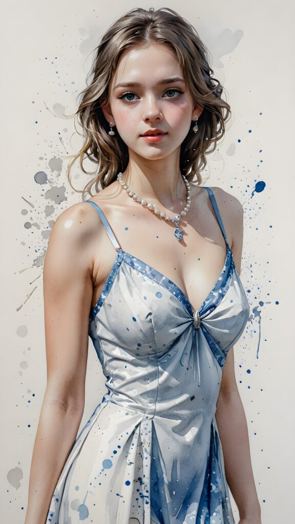 a beautiful girl in silver white and blue shade dress with pearl necklace, ((white background))