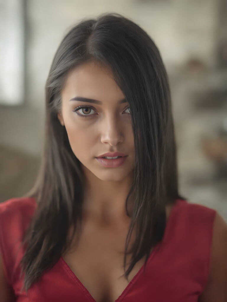 a beautiful girl with (((sleek long black hair))) and (((sharp bright brown eyes))), along with (((long eyelashes))) and (((bright red lips))), a (((beautiful sleek shiny red top, deep v-neck, wide open front))), highly detailed, cinematic, (((hyper realistic)))