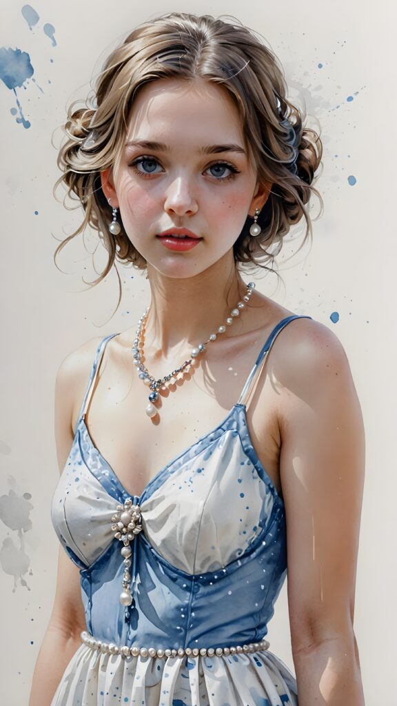 a beautiful girl in silver white and blue shade dress with pearl necklace, ((white background))