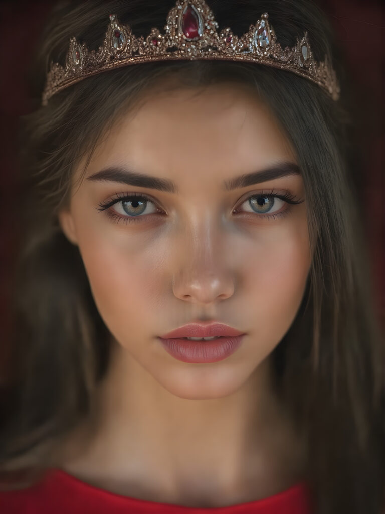 a beautiful girl with (((sleek long black hair))) and (((sharp bright brown eyes))), along with (((long eyelashes))) and (((bright red lips))), she is wearing a (((beautiful shiny red tiara))), a (((beautiful sleek shiny red top of full transparent sleeves))), highly detailed, cinematic, (((hyper realistic)))